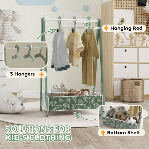A mint green aiyaplay baby clothing rack with hanging rod and leaf patterned bottom shelf for toddlers ages 3-6