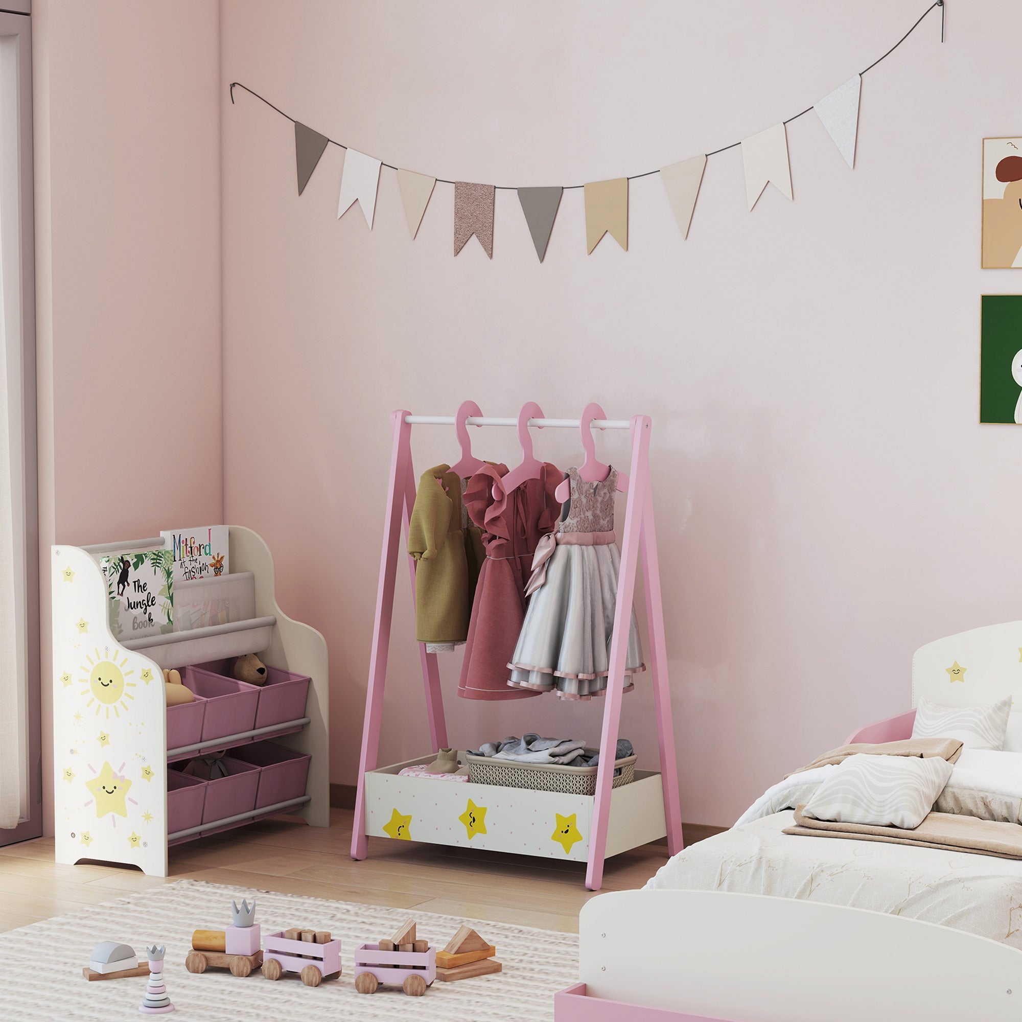 Pink wooden aiyaplay baby clothing rack with hanging rod star decals and lower storage basket for kids ages 3-6