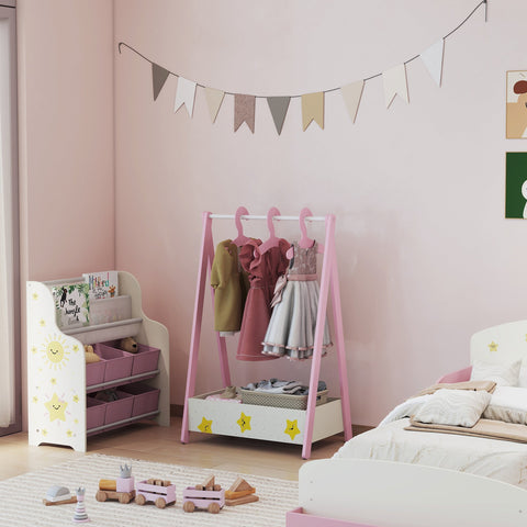 Pink wooden aiyaplay baby clothing rack with hanging rod star decals and lower storage basket for kids ages 3-6