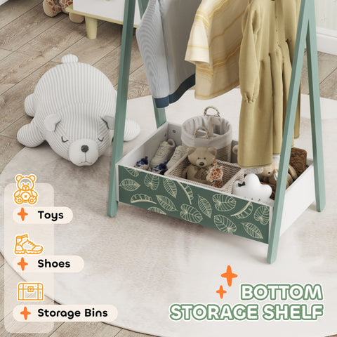 Aiyaplay baby clothing rack in mint green with hanging rod and leaf pattern storage shelf for shoes and toys