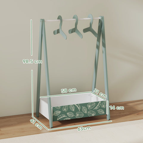 Minimalist green and white wooden aiyaplay baby clothing rack with hanging rod and leaf pattern for kids ages 3 to 6