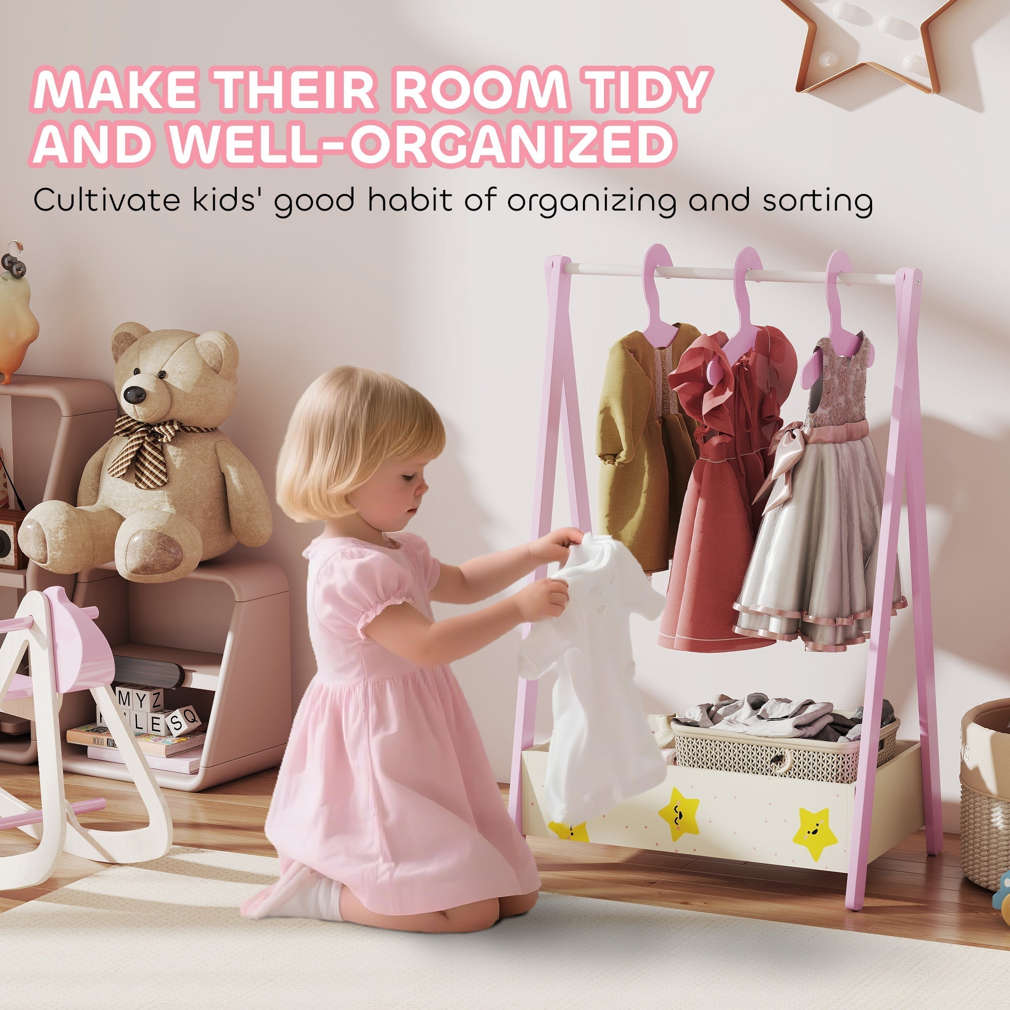 Aiyaplay baby clothing rack in pink with hanging rod star decals and storage basket for kids ages 3 to 6