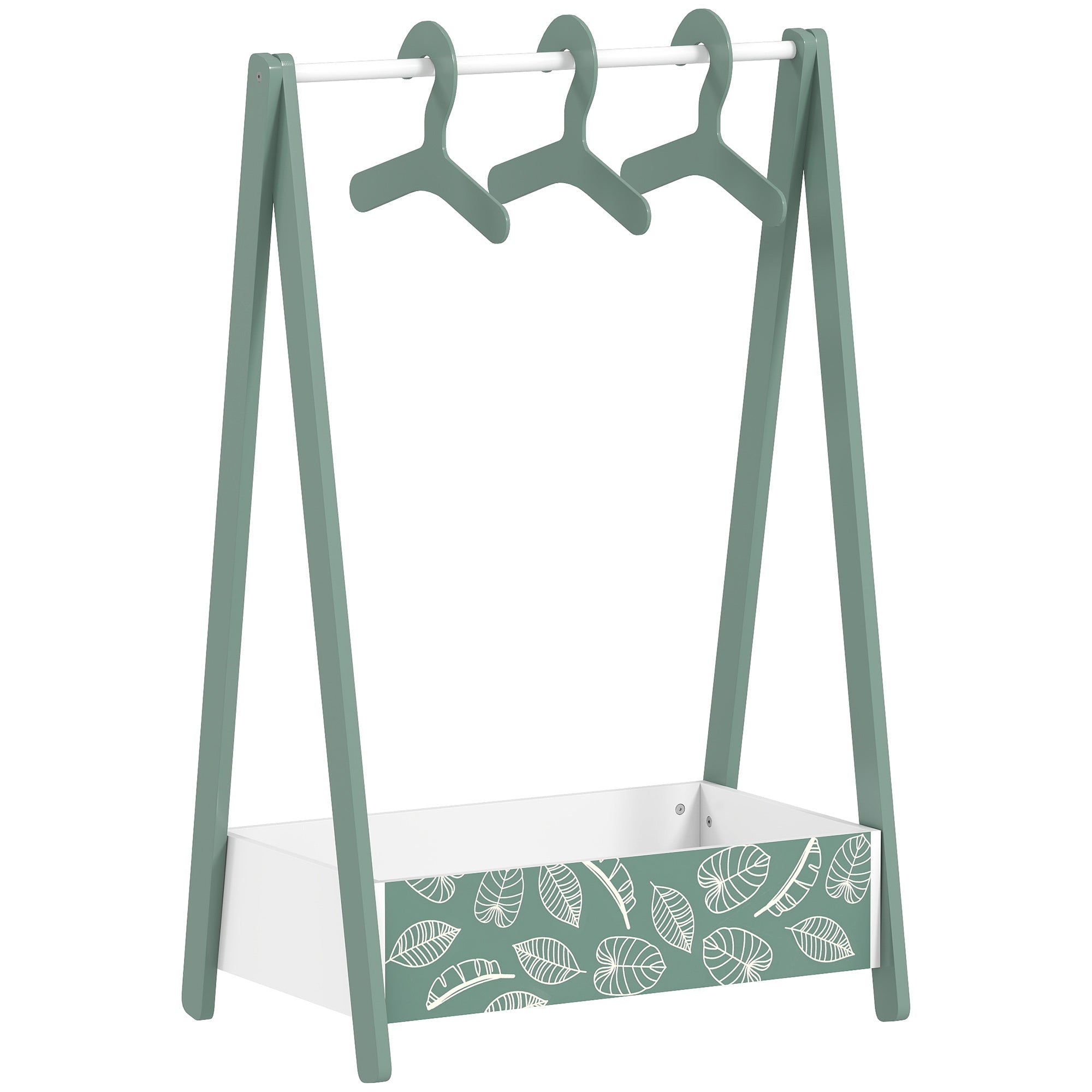 A mint green aiyaplay baby clothing rack with hanging rod, three matching hangers, and leaf patterned storage drawer