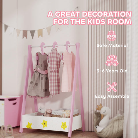 Pink wooden aiyaplay baby clothing rack with hanging rod and white storage base with yellow star decals for kids ages 3-6