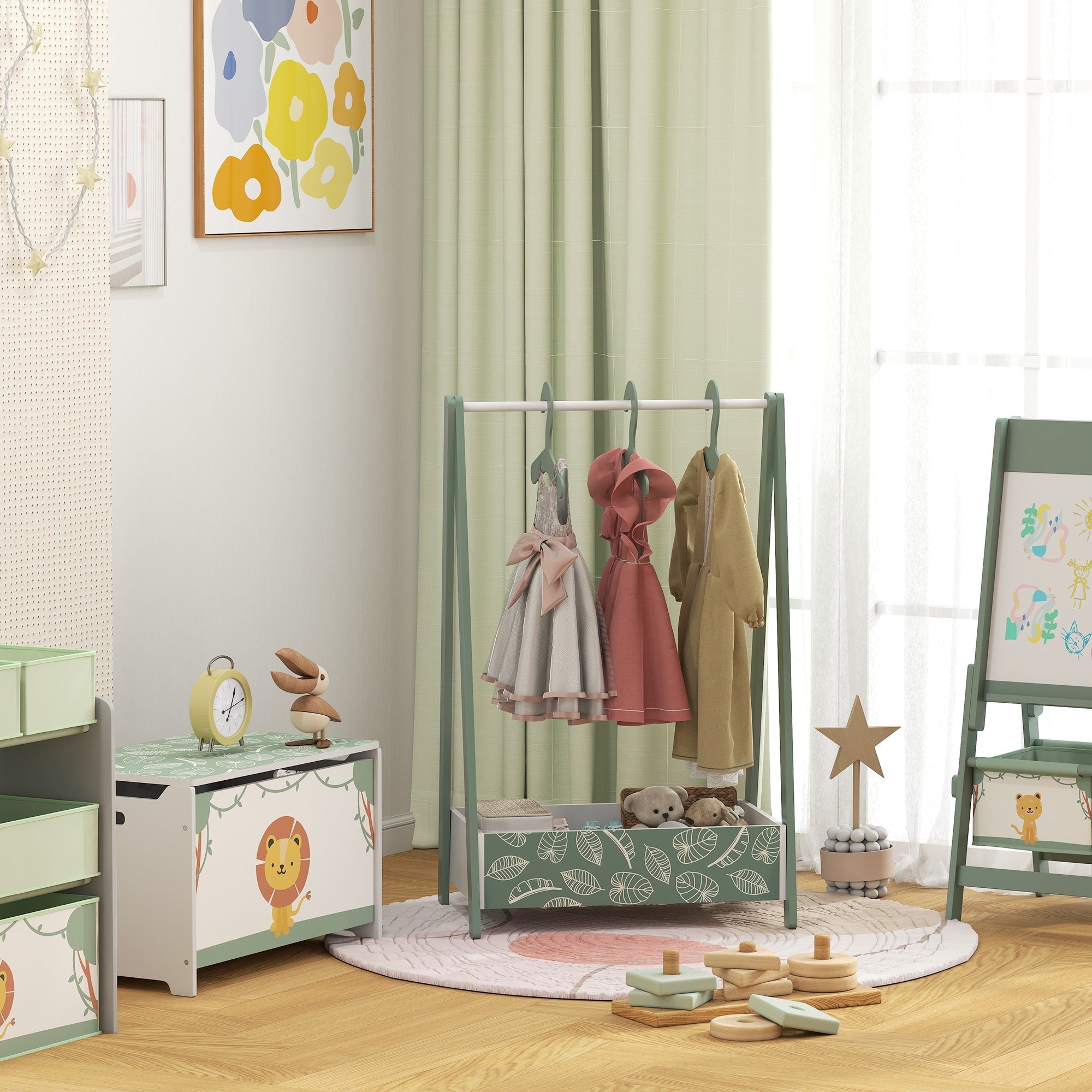 Green wooden aiyaplay baby clothing rack with hanging rod and leaf-patterned storage tray for kids ages 3-6