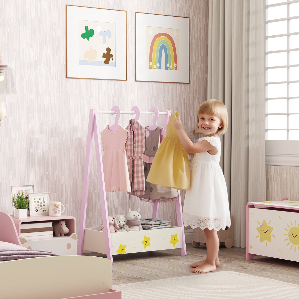 Aiyaplay baby clothing rack in pink with hanging rod star decals and white storage drawer for kids bedroom ages 3-6