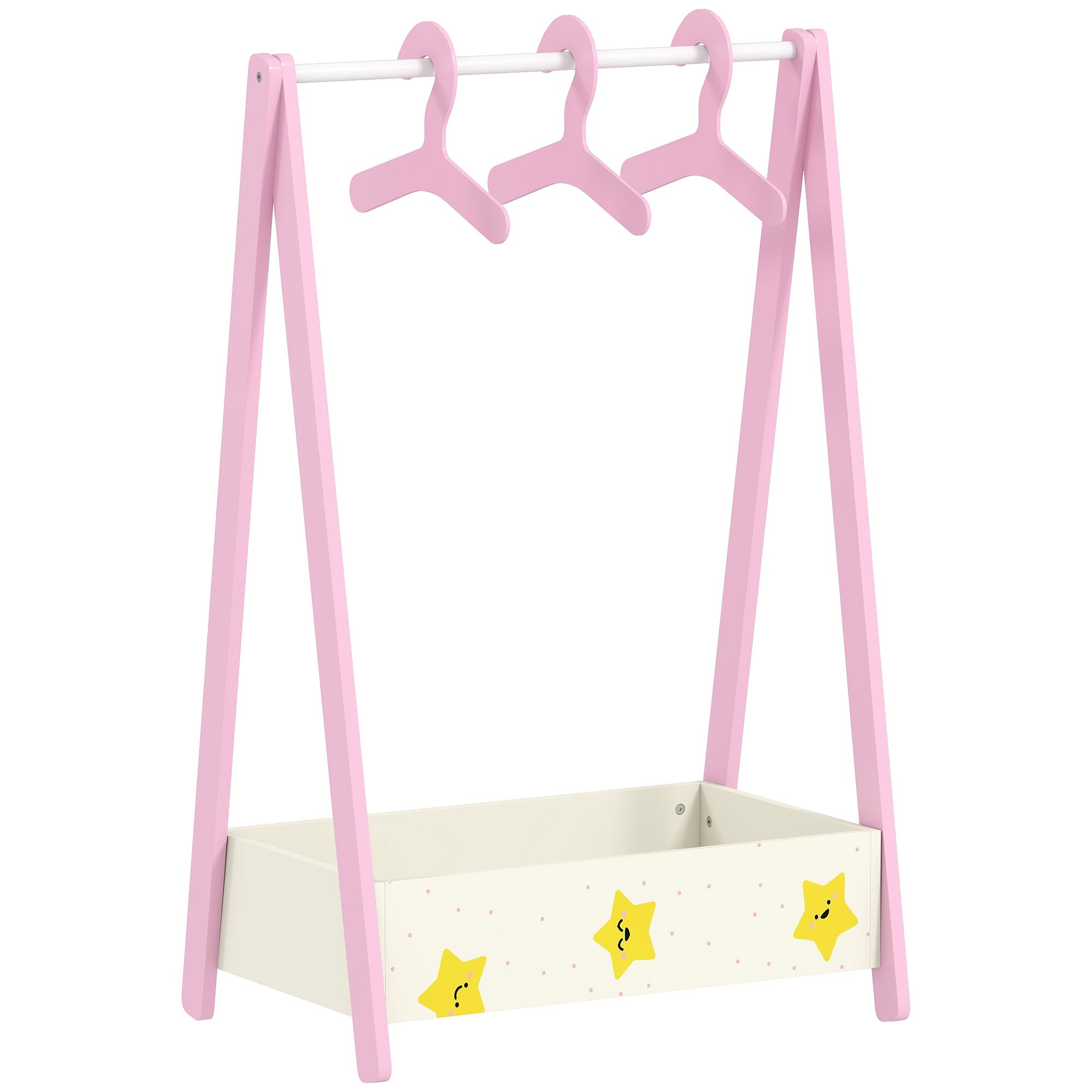 Pink wooden aiyaplay baby clothing rack with hanging rod, three matching hangers, and star-decorated storage tray
