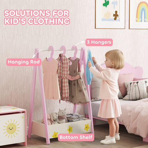 Pink aiyaplay baby clothing rack with hanging rod hangers and star decorated bottom shelf for kids ages 3-6