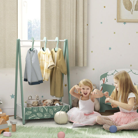 Mint green wooden AIYAPLAY baby clothing rack with white hanging rod and leaf-patterned storage tray for ages 3-6