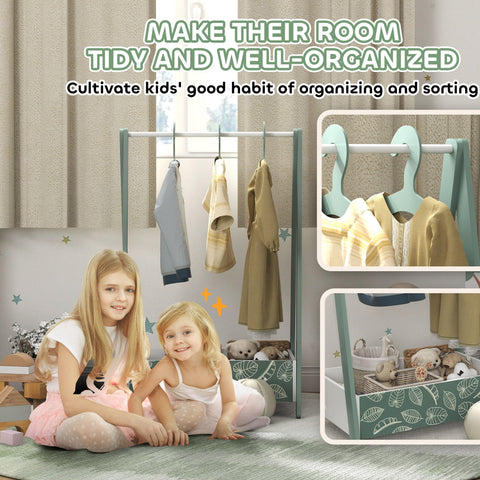 Light green metal aiyaplay baby clothing rack with hanging rod and storage drawers for kids ages 3 to 6