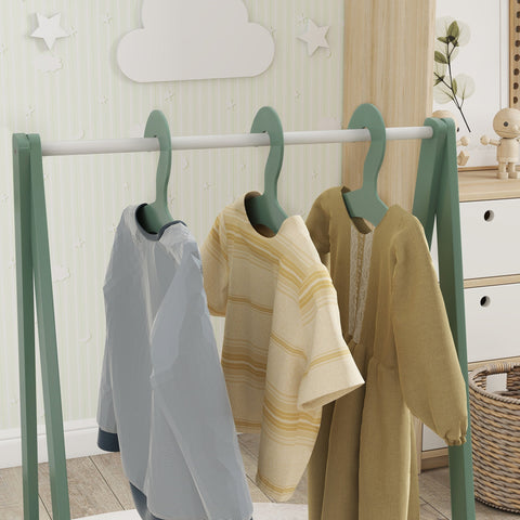 Mint green plastic hangers on aiyaplay baby clothing rack with hanging rod for kids clothes storage in green leaf theme