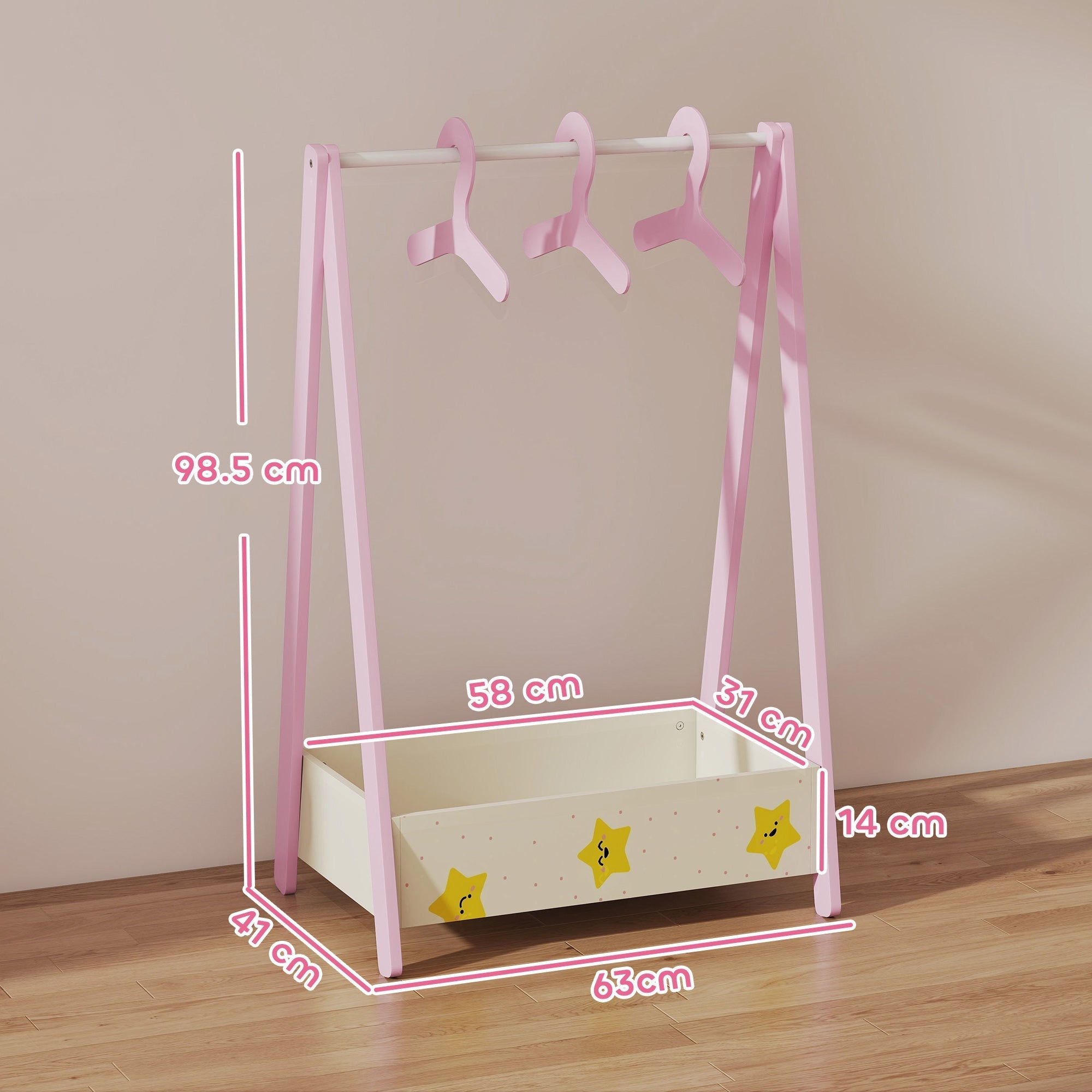 Pink aiyaplay baby clothing rack with hanging rod three pink hangers and cream star patterned storage tray for kids 3-6