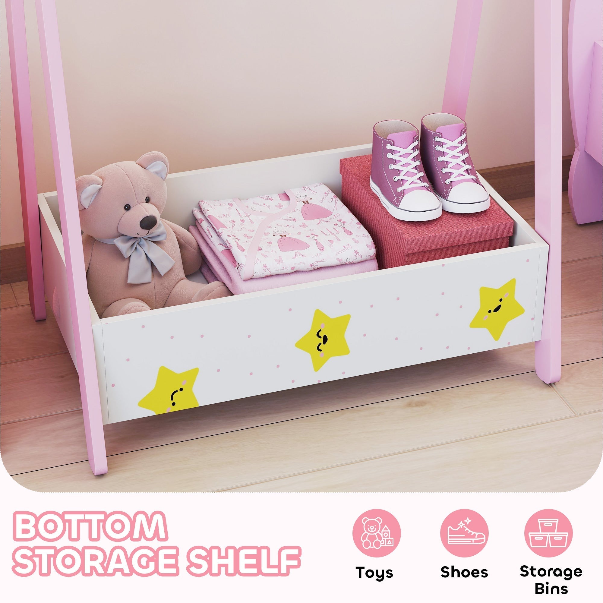Pink and white aiyaplay baby clothing rack with hanging rod and star decals for bedroom storage ages 3 to 6