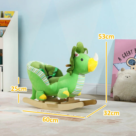 Green plush baby rocking dinosaur with safety belt and wooden base for toddlers 18-36 months by AIYAPLAY
