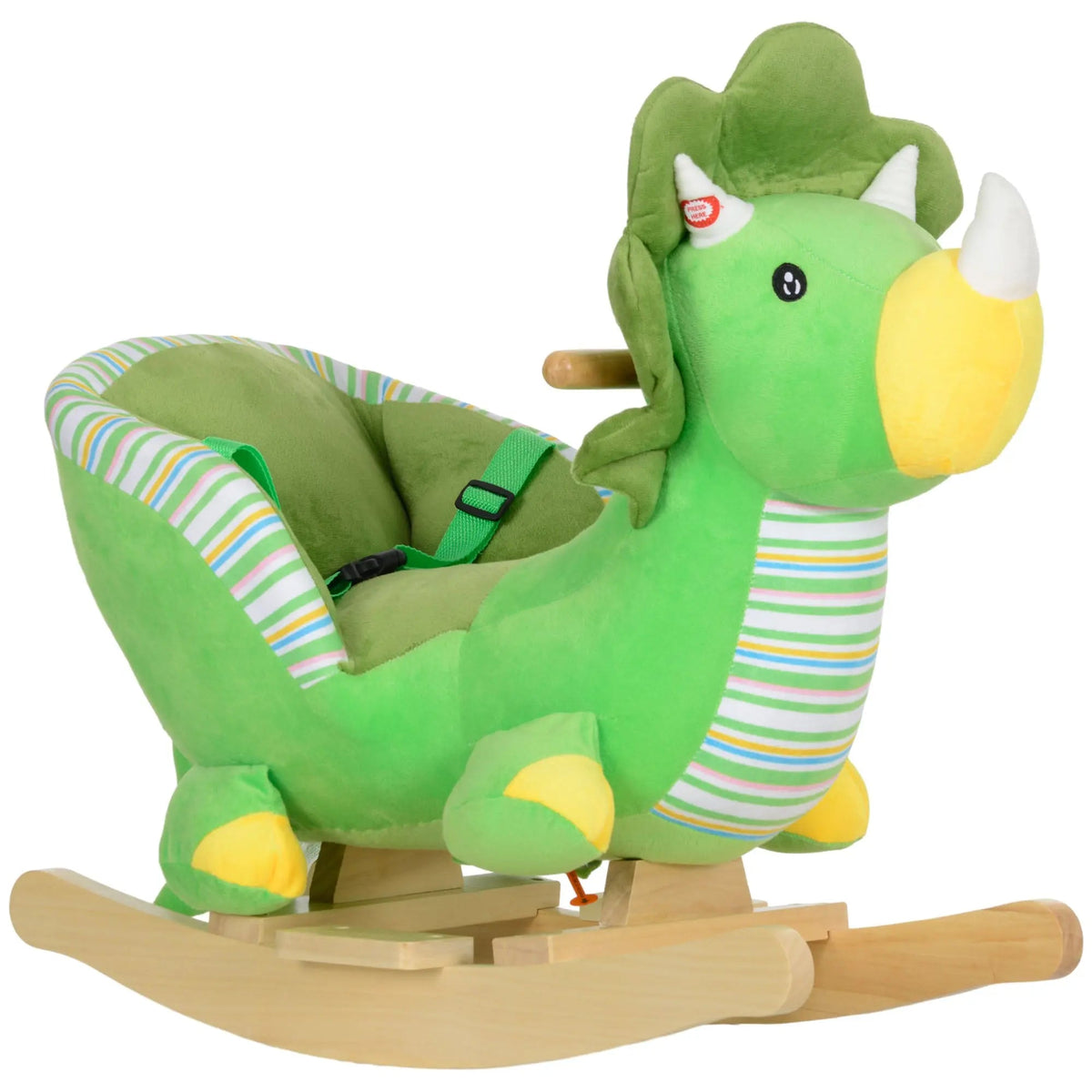 Green plush triceratops baby rocking horse with wooden base, animal sounds, yellow accents, and striped fabric details