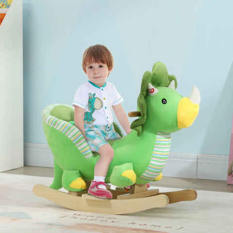 Green plush baby rocking dinosaur with wooden base safety belt and yellow striped fabric details for toddlers