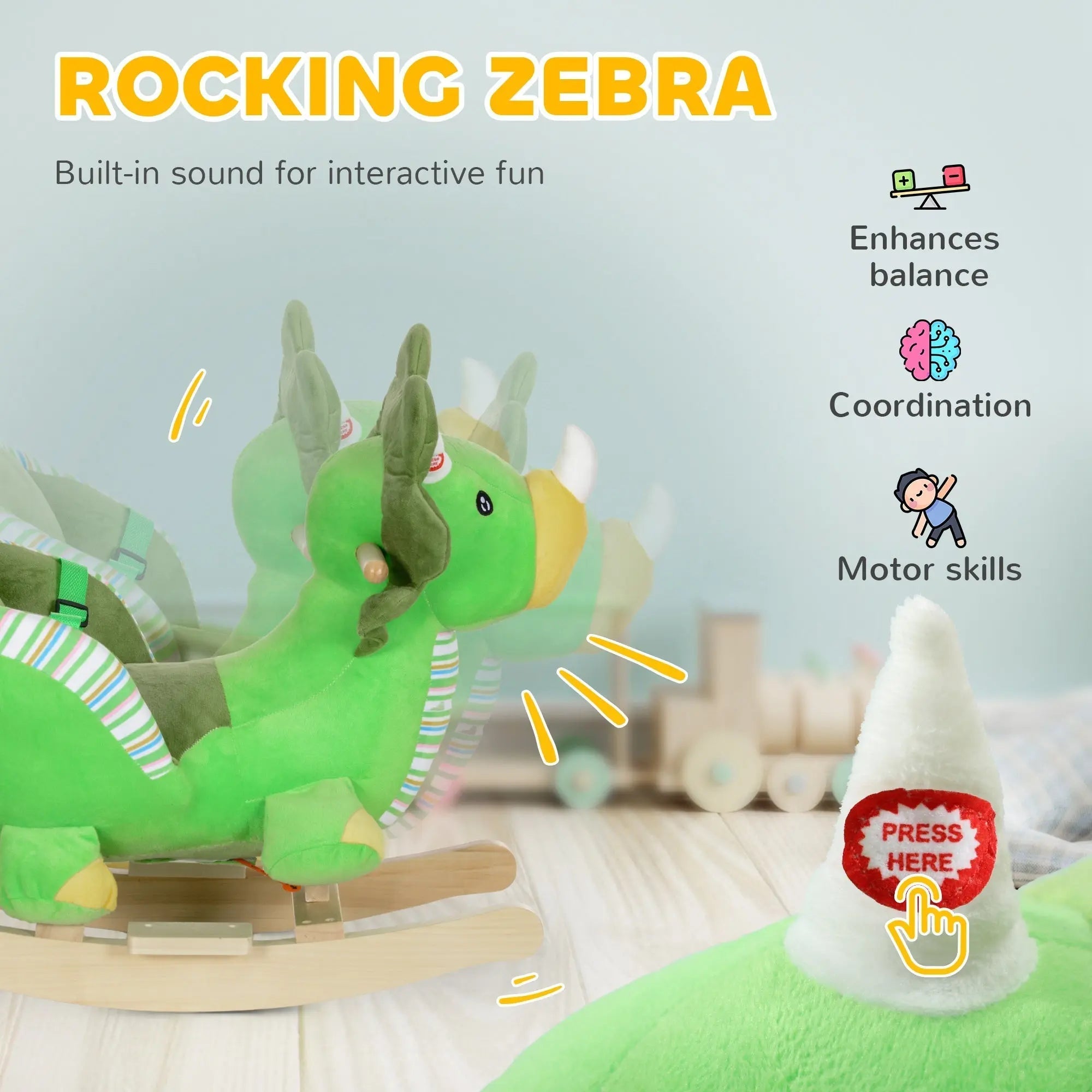Green plush baby rocking zebra with wooden base safety belt and built-in animal sounds for toddlers