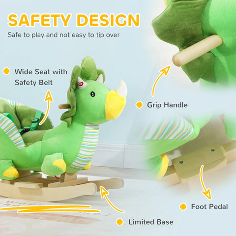 Green plush baby rocking dinosaur with wooden base safety belt and yellow striped details for toddlers