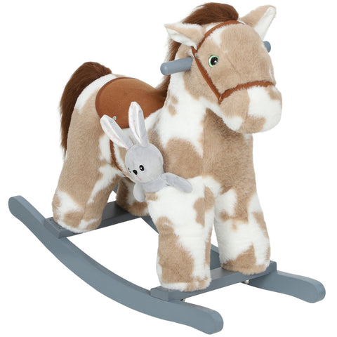 Aiyaplay brown and white plush rocking horse with gray wooden base and bunny toy, realistic sound, 71l x 26w for kids 2-5