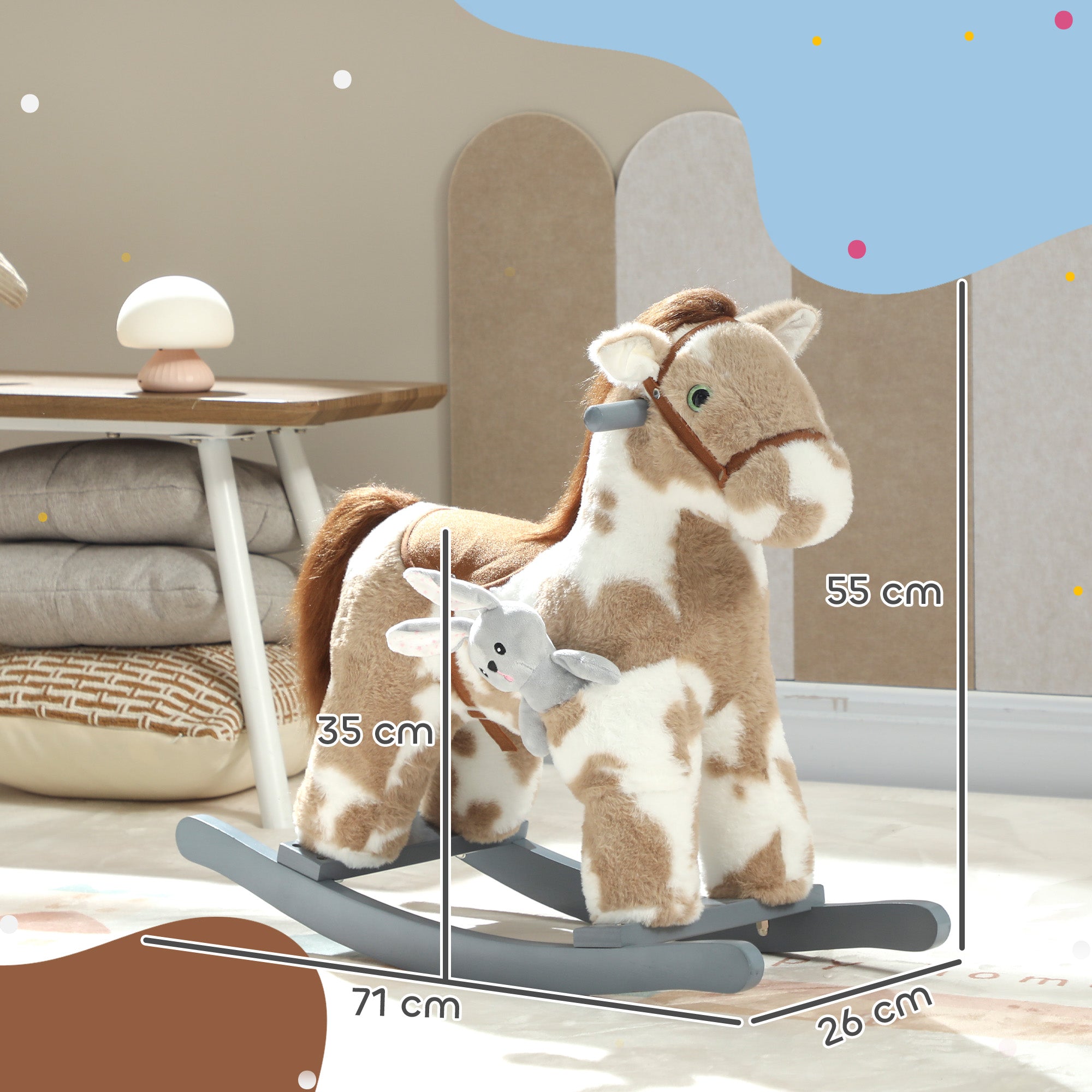 Aiyaplay baby rocking horse in brown and white plush with wooden base and gray bunny, sized 71l x 26w for kids 2-5