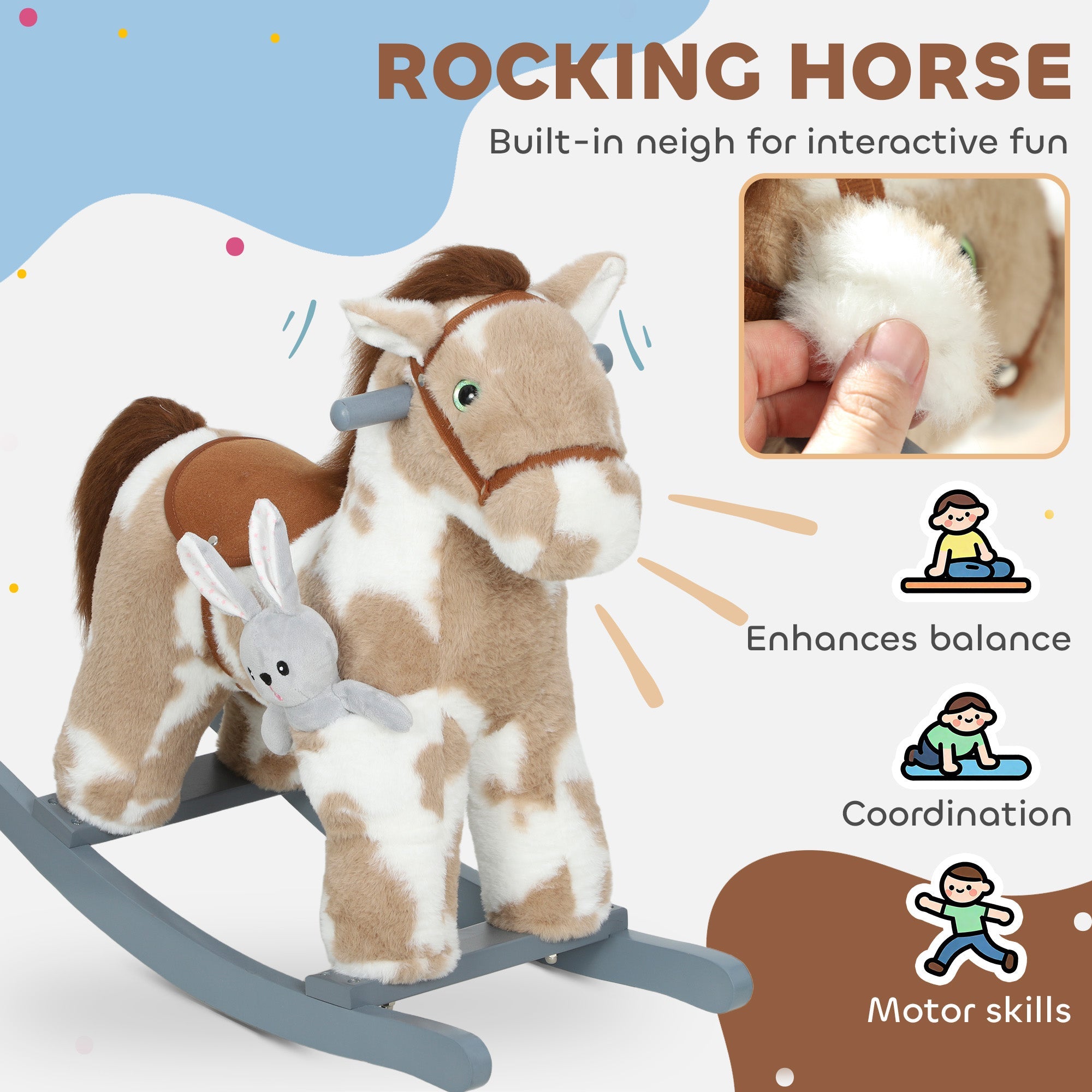 Plush rocking horse with brown and white spotted fur and built-in plush rabbit companion perfect for kids aged 2-5