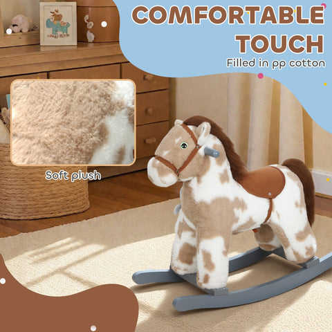 Aiyaplay baby rocking horse plush rocker in white and tan spotted soft pp cotton with brown saddle 71l x 26w
