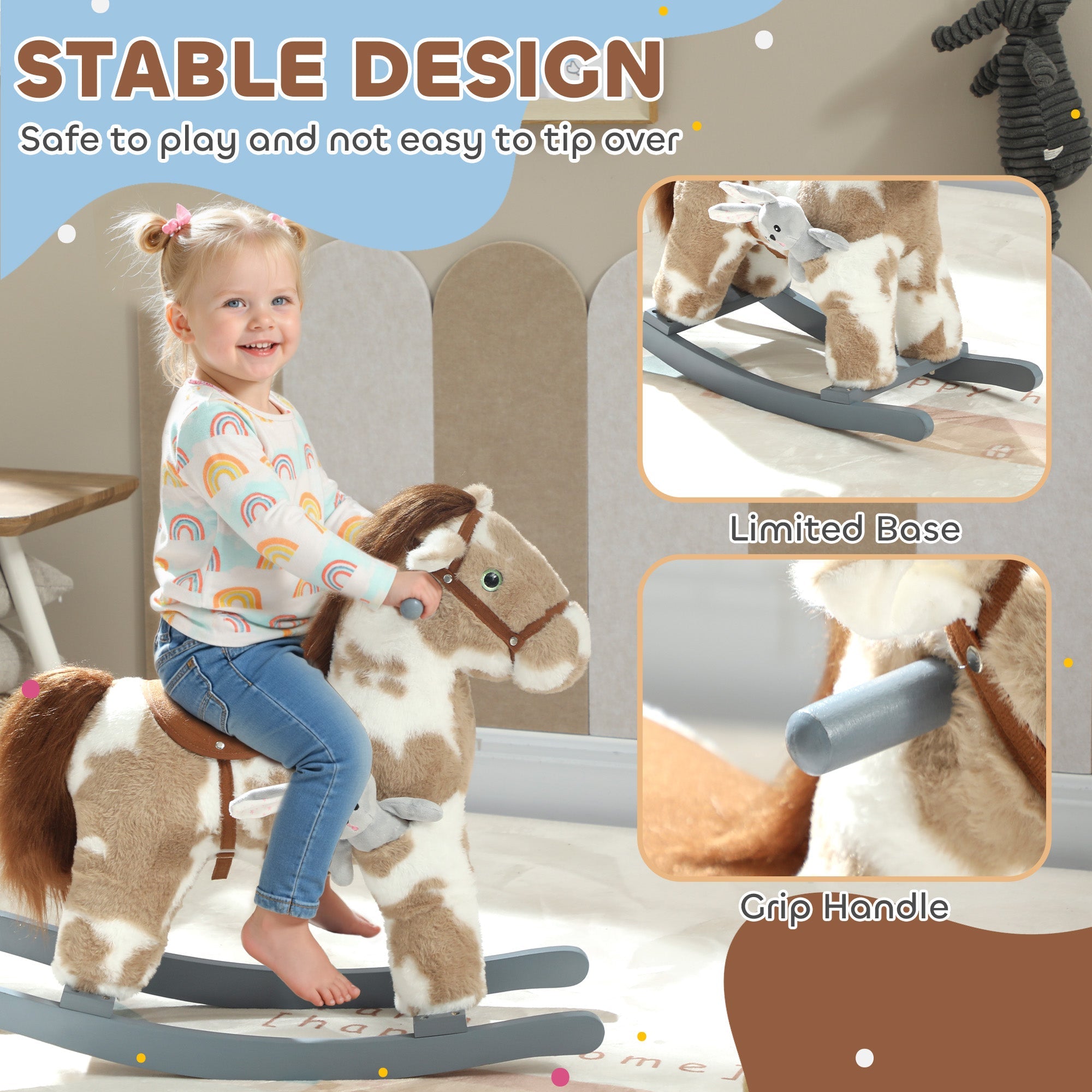 Plush brown and white aiayaplay rocking horse with wooden base and grip handle 71l x 26w for kids 2-5 years