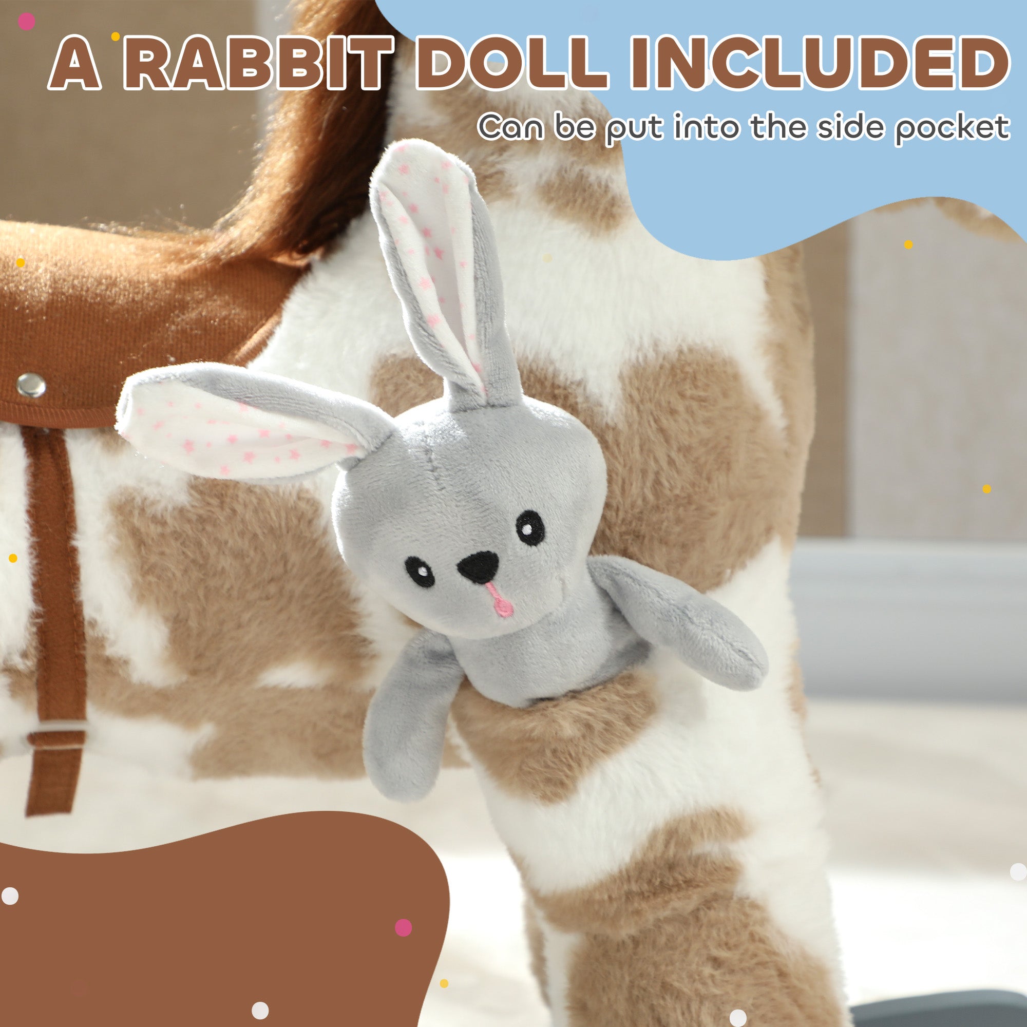 Soft gray plush rabbit doll with pink polka dot ears and tongue on aiyaplay baby rocking horse 71l x 26w
