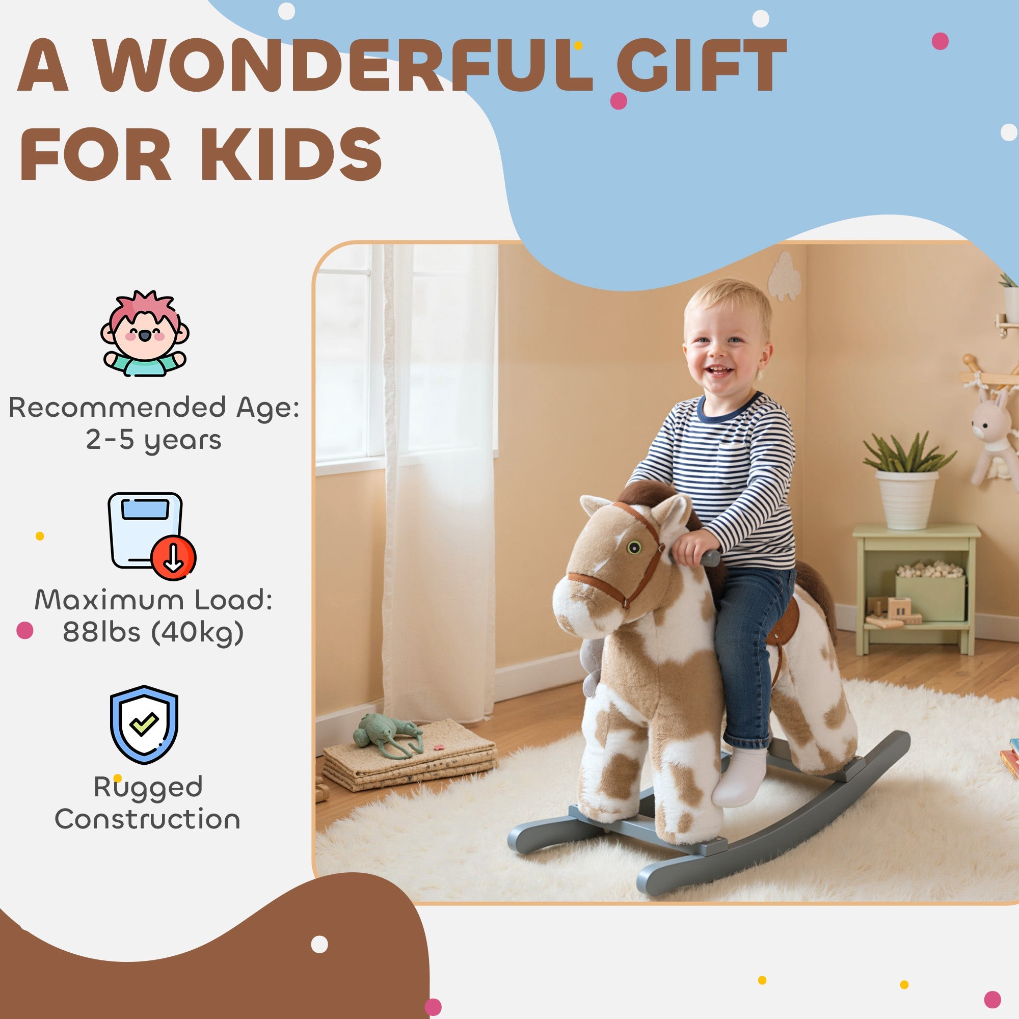 Aiyaplay brown and white plush rocking horse with soft stuffed body and sturdy gray rockers 71l x 26w for kids 2-5