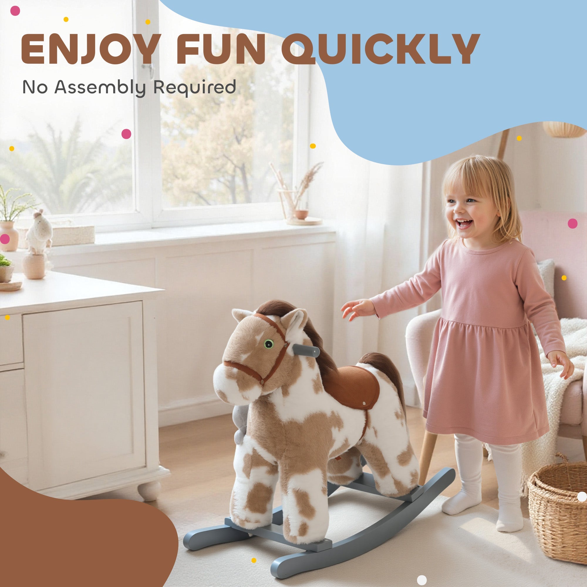 Aiyaplay baby rocking horse in brown plush with tan saddle green eyes and gray rockers 71l x 26w for kids 2-5