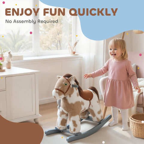Aiyaplay baby rocking horse in brown plush with tan saddle green eyes and gray rockers 71l x 26w for kids 2-5