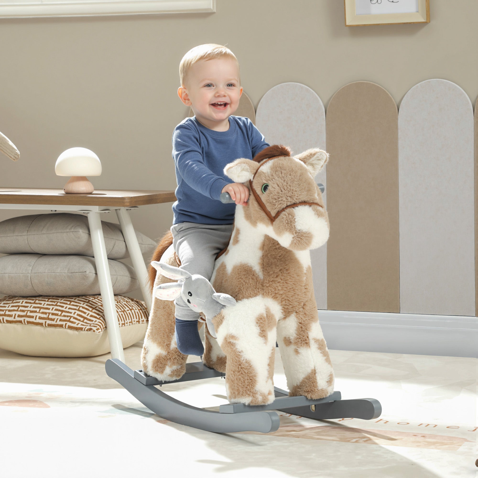 Brown and white plush rocking horse with gray base by AIYAPLAY 71l x 26w for kids aged 2-5