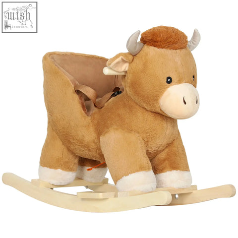 Brown plush rocking horse with charming cow design and safety belt on wooden base by AIYAPLAY for kids
