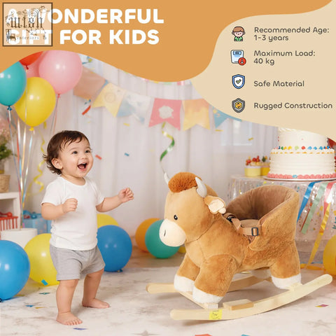 Brown plush rocking horse with wooden base safety belt and charming cow design for kids by aiyaplay