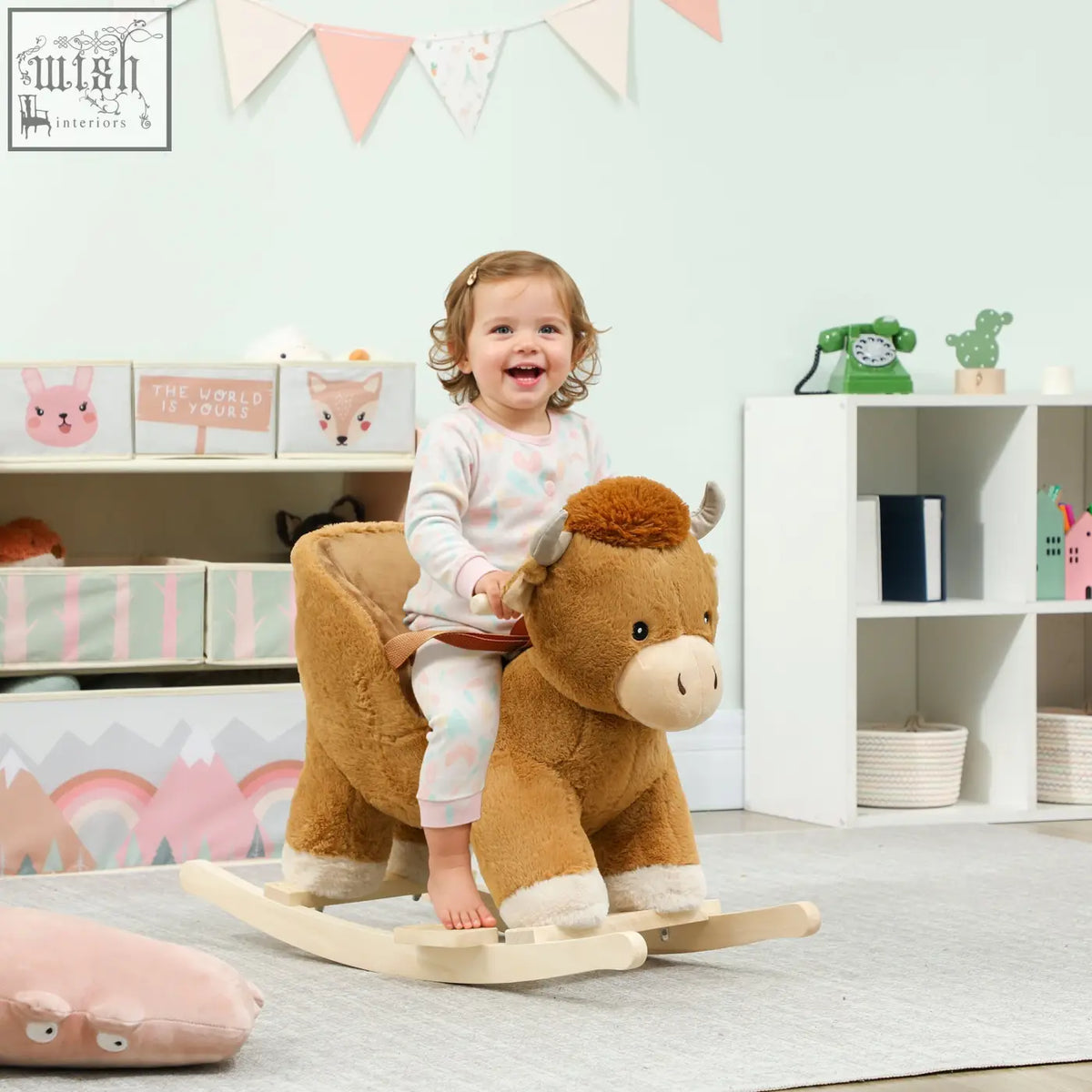 Brown plush rocking horse with charming cow design and safety belt on wooden base by AIYAPLAY for kids