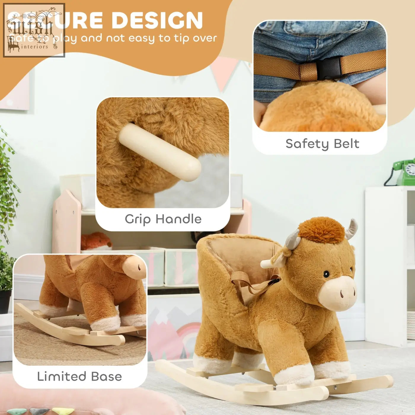 Brown plush rocking horse with wood base and safety belt featuring charming cow design for kids by AIYAPLAY