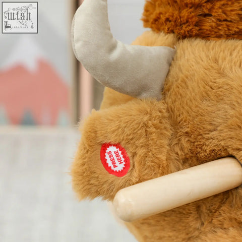 Brown plush mammoth rocking horse with wood base and safety belt by AIYAPLAY for kids’ fun and safety