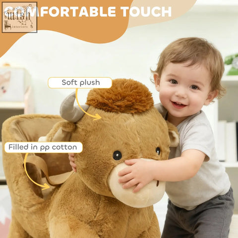 Aiyaplay baby rocking horse with safety belt featuring a plush brown cow design and wood base for kids