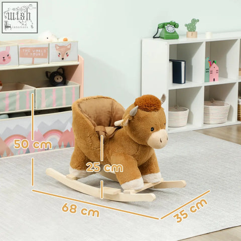 Brown plush rocking horse with wooden base safety belt and charming cow design by AIYAPLAY for kids