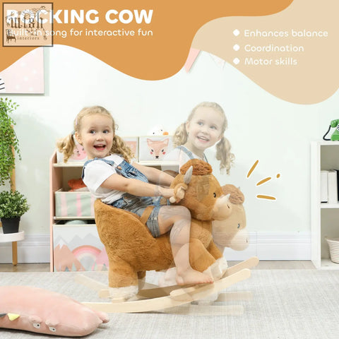 Aiyaplay baby rocking horse with charming brown cow design wooden base safety belt and built-in song feature