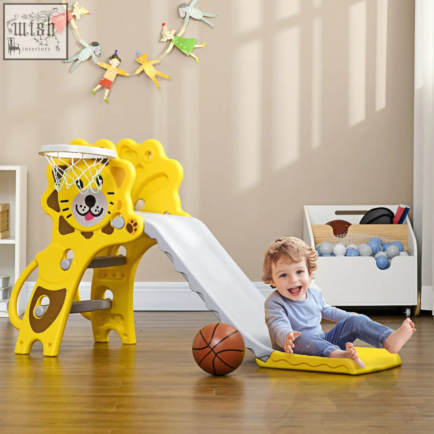 Yellow aiyaplay kids slide with basketball hoop and net made of plastic for indoor use ages 18 to 36 months
