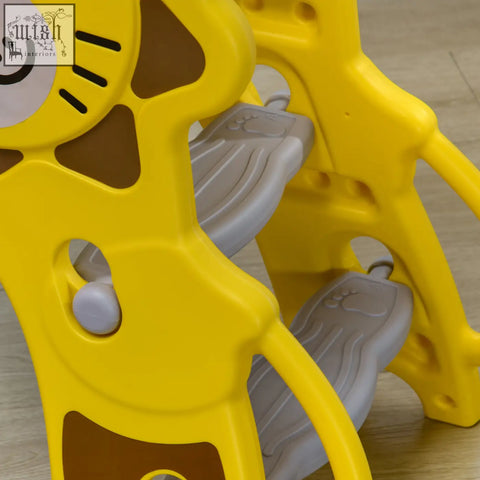Yellow aiyaplay kids slide with basketball hoop toddler playset featuring brown accents and gray paw-printed steps