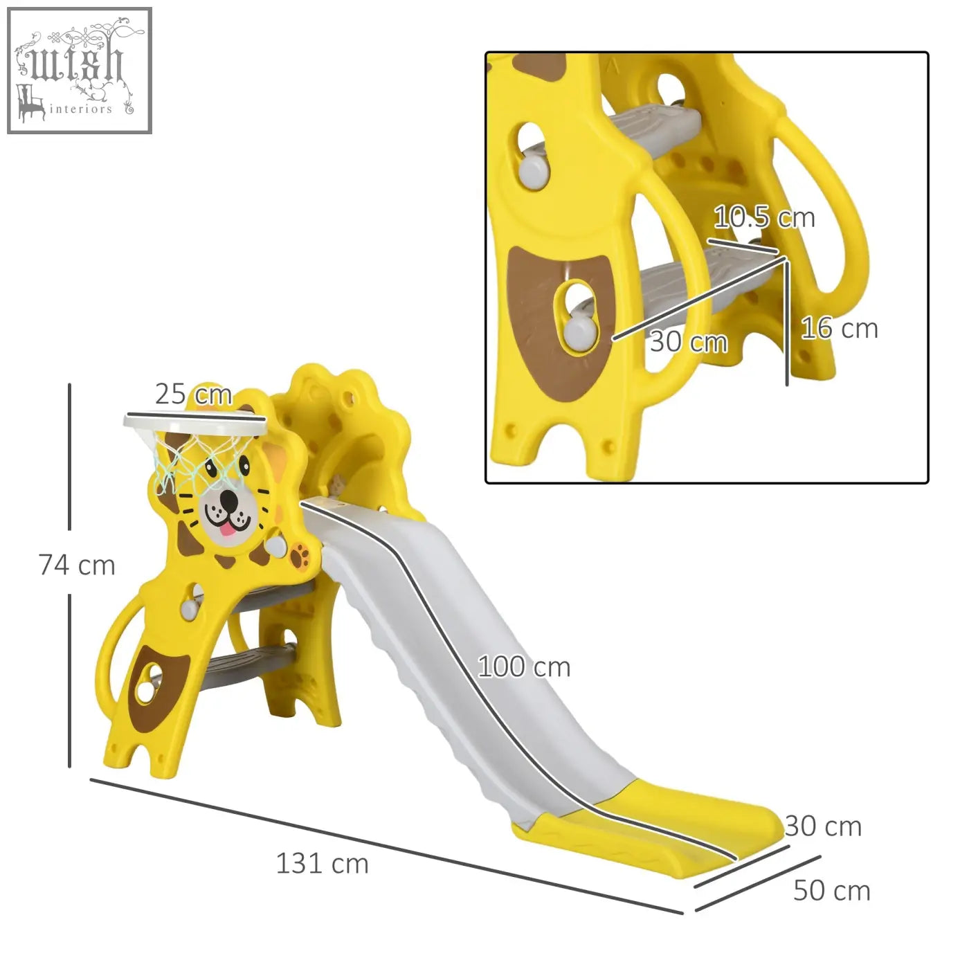 Yellow aiyaplay kids slide with basketball hoop brown accents gray sliding surface for indoor use ages 18-36 months