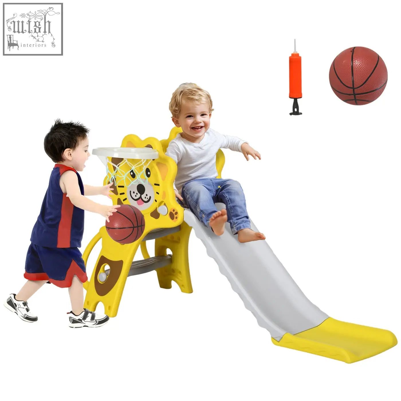 Yellow aiyaplay kids slide with basketball hoop and net easy to assemble indoor climber for ages 18-36 months