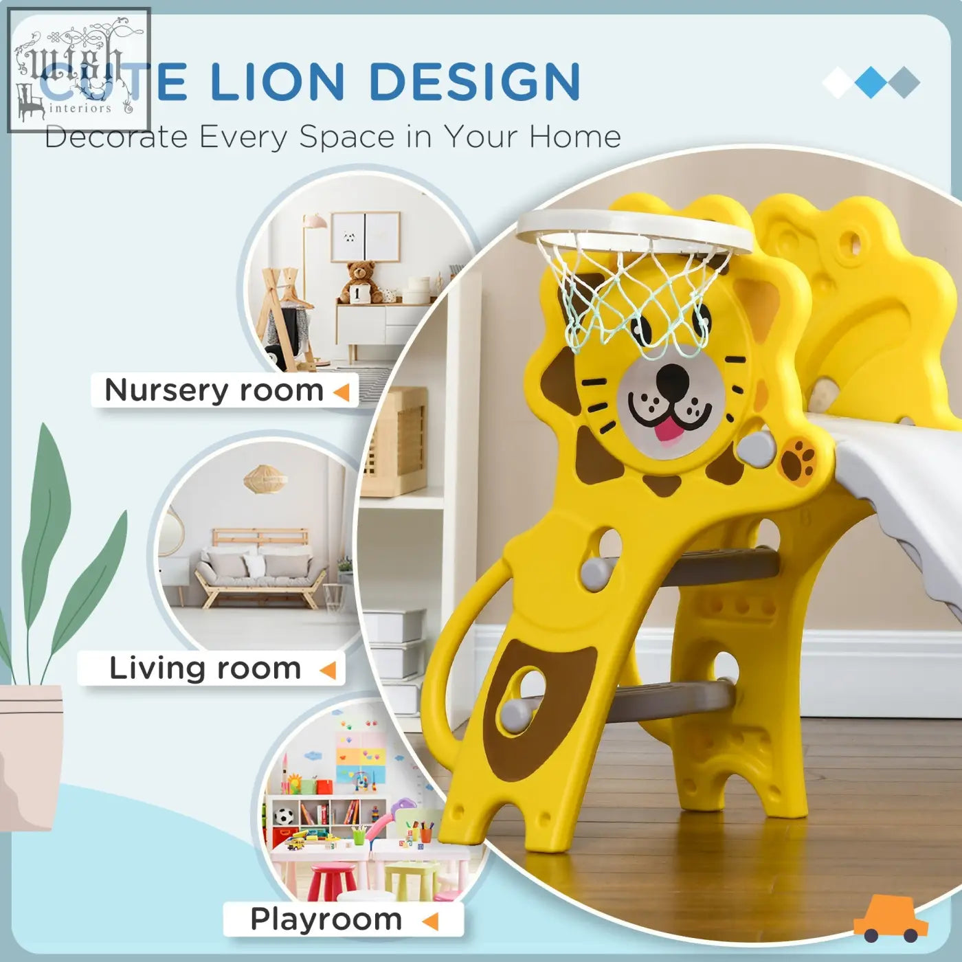 Yellow plastic aiyaplay kids slide with basketball hoop on lion head easy to assemble for indoor use ages 18-36 months