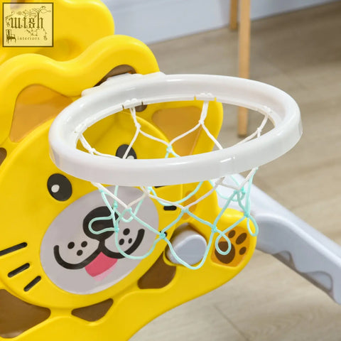 Yellow aiyaplay kids slide with yellow lion plastic basketball hoop white rim and light blue net for indoor use
