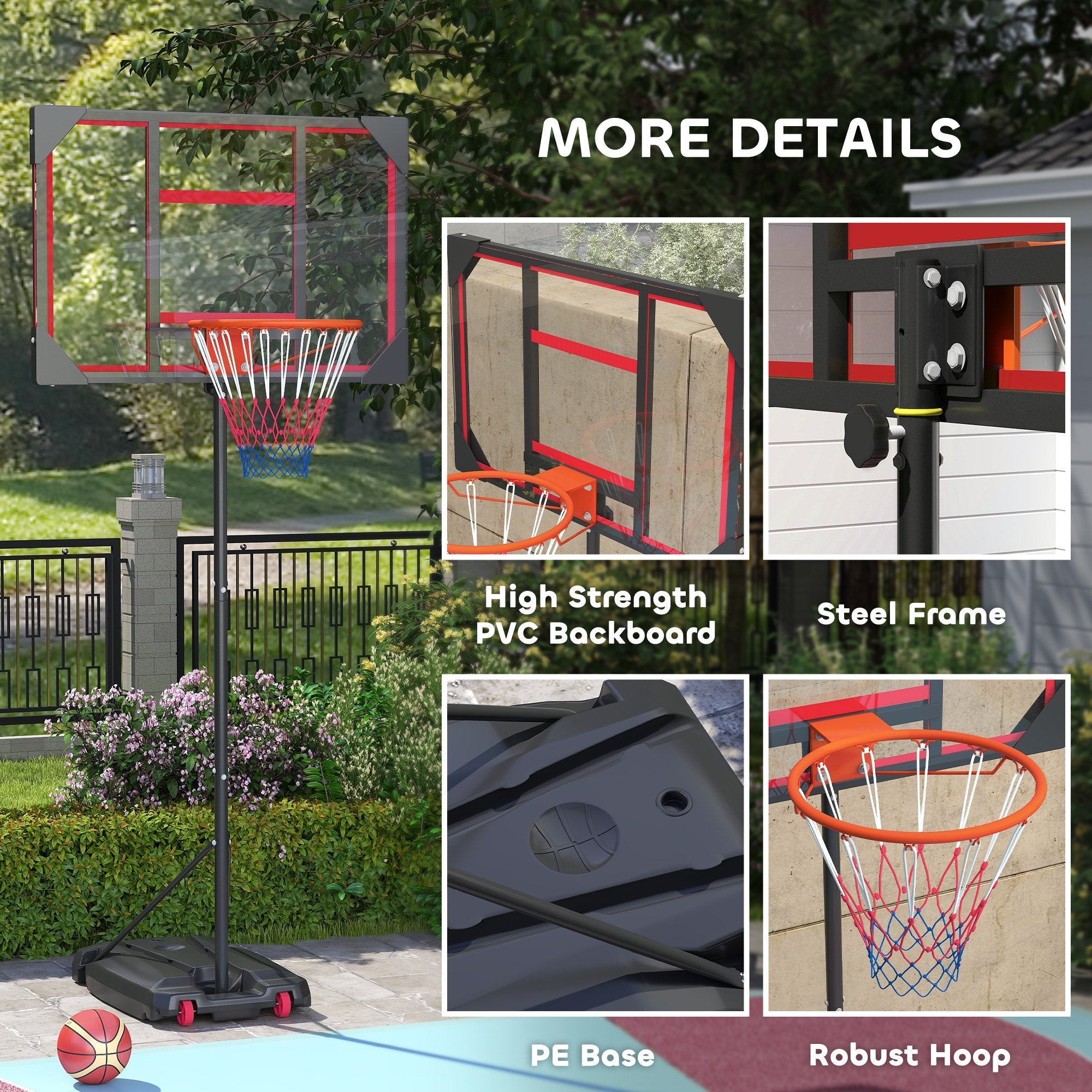 Aiyaplay basketball hoop in black and red with steel frame pvc backboard height adjustable and wheels for easy movement