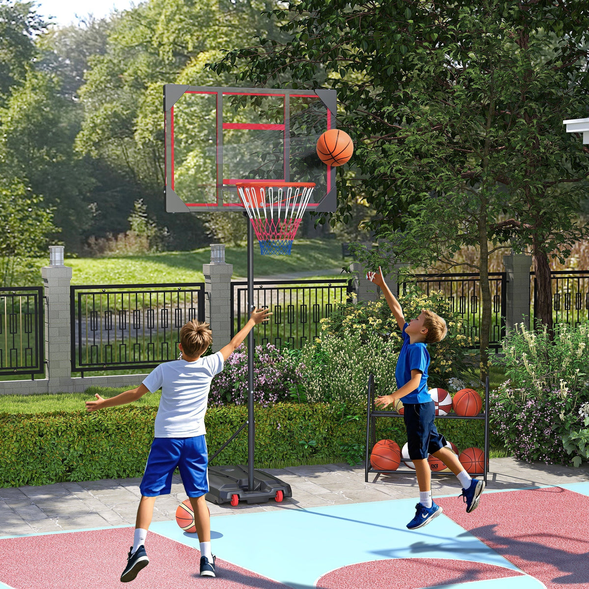 Red and gray aiyaplay basketball hoop with blue rim black net height adjustable 210-260cm easy movement wheels base