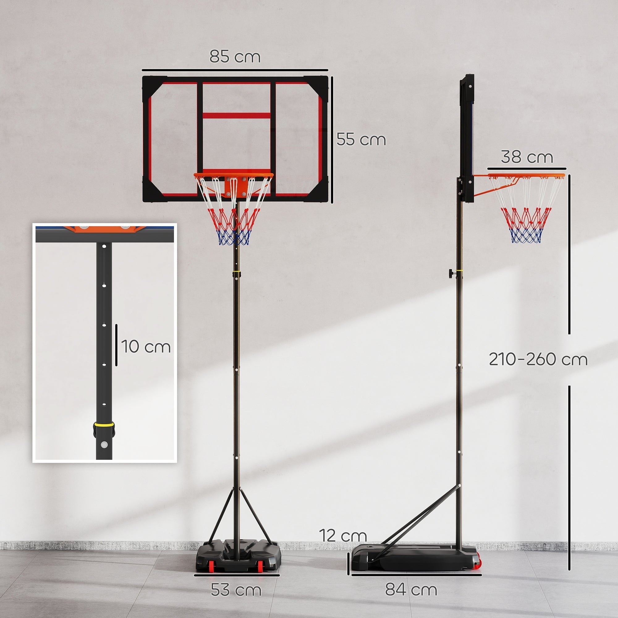 Black and red aiyaplay basketball hoop with height adjustable stand and wheels for easy movement indoor outdoor use