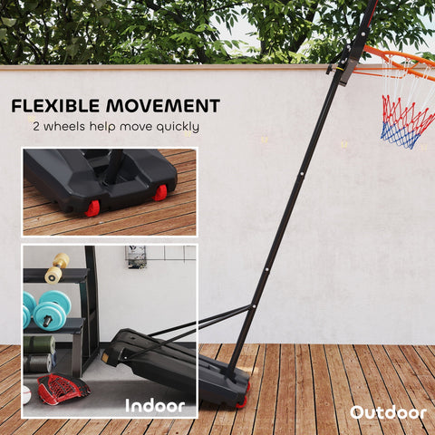 Black ai yaplay basketball hoop with red and blue net, 210-260cm adjustable height and wheels for easy movement